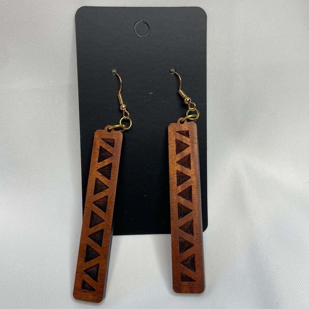 Hand Crafted Triangle Wooden Bar Laser Cut Hawaii Island Wood Pierced Earrings - Picture 5 of 5